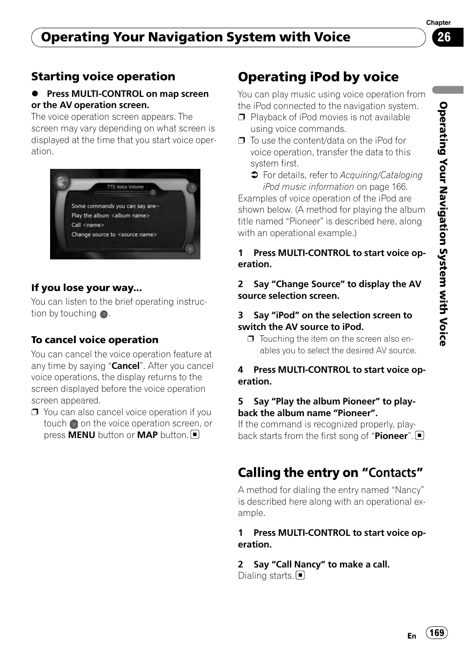 Starting voice operation 169, Operating ipod by voice, Calling the entry on | Contacts” 169, Calling the entry on “contacts, Operating your navigation system with voice | Pioneer AVIC-X9115BT User Manual | Page 169 / 215