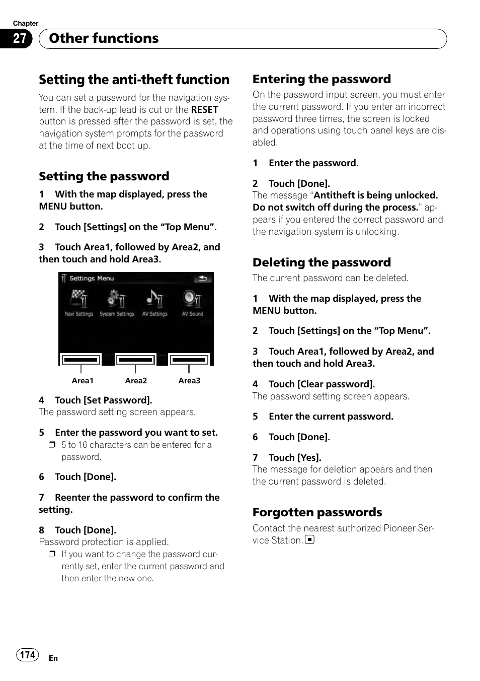 Other functions setting the anti-theft function, Setting the password 174, Entering the password 174 | Deleting the password 174, Forgotten passwords 174, Setting the anti-theft function, Other functions, Setting the password, Entering the password, Deleting the password | Pioneer AVIC-X9115BT User Manual | Page 174 / 215