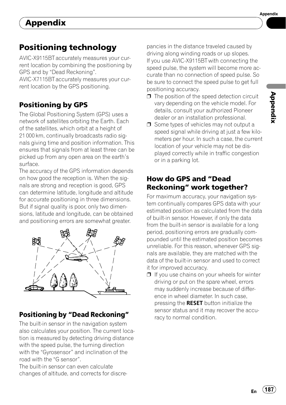 Positioning technology, Positioning by gps 187, Positioning by “dead reckoning” 187 | How do gps and “dead reckoning, Work together, Appendix | Pioneer AVIC-X9115BT User Manual | Page 187 / 215