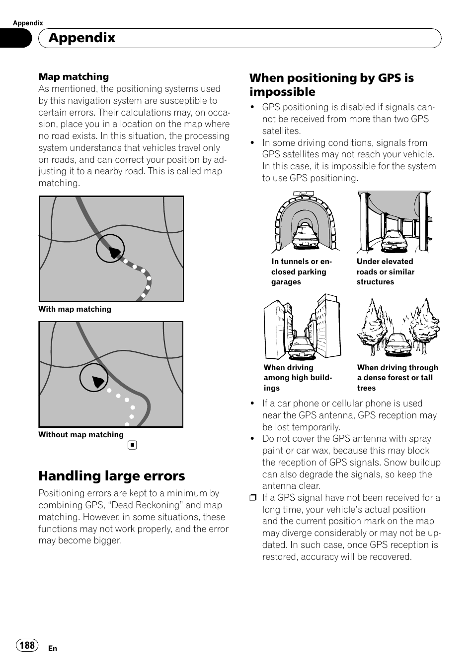 Handling large errors, When positioning by gps is, Impossible | Appendix, When positioning by gps is impossible | Pioneer AVIC-X9115BT User Manual | Page 188 / 215