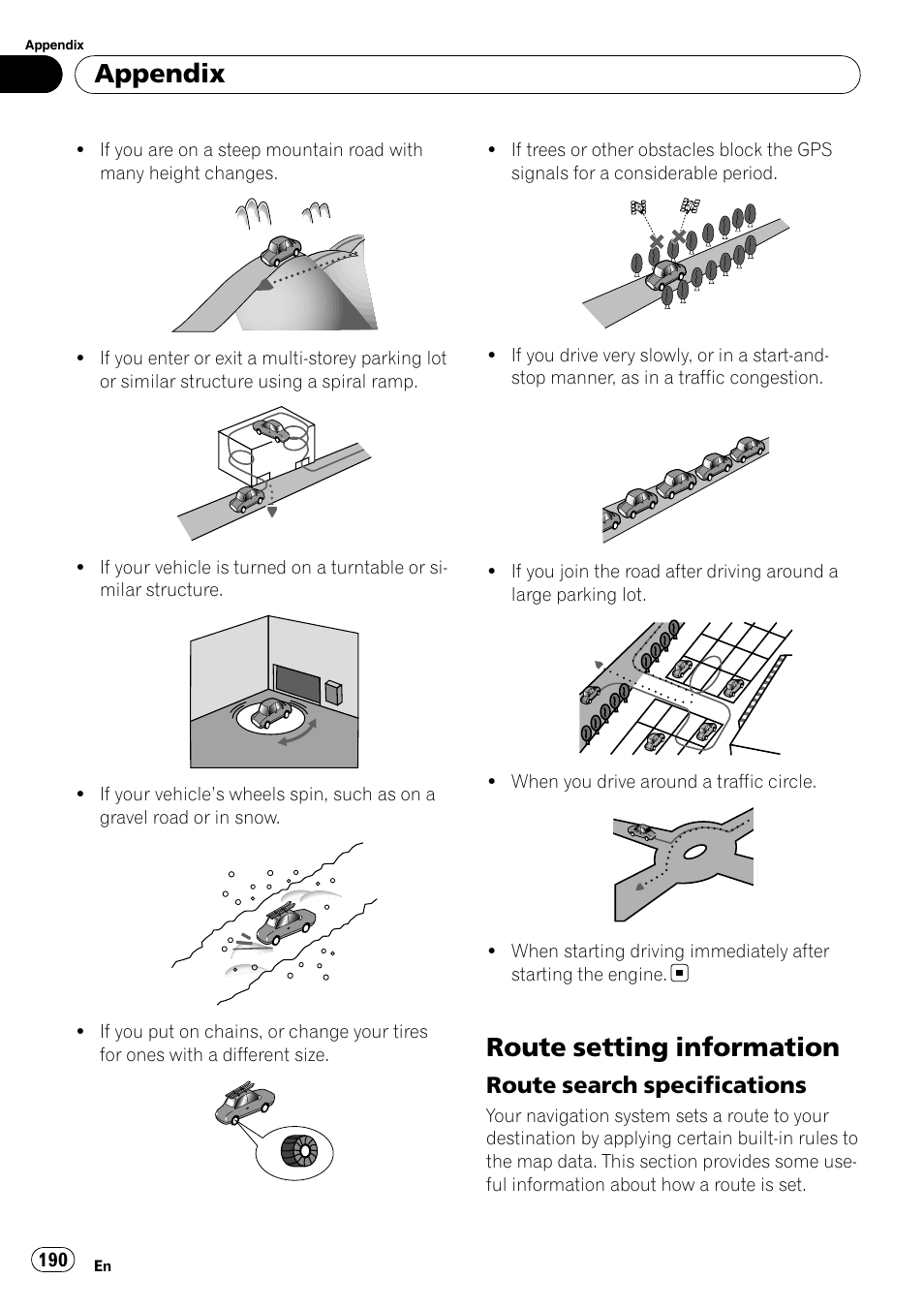 Route setting information, Route search specifications 190, Appendix | Route search specifications | Pioneer AVIC-X9115BT User Manual | Page 190 / 215