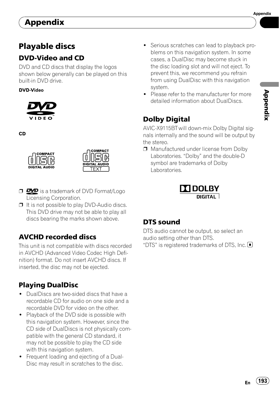 Playable discs, Dvd-video and cd 193, Avchd recorded discs 193 | Playing dualdisc 193, Dolby digital 193, Dts sound 193, Appendix | Pioneer AVIC-X9115BT User Manual | Page 193 / 215