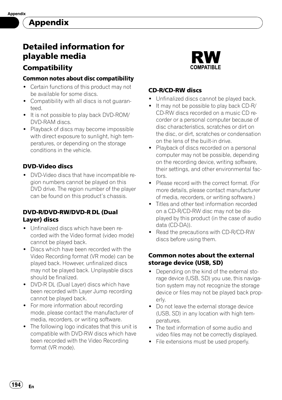 Detailed information for playable media, Compatibility 194, Appendix | Compatibility | Pioneer AVIC-X9115BT User Manual | Page 194 / 215