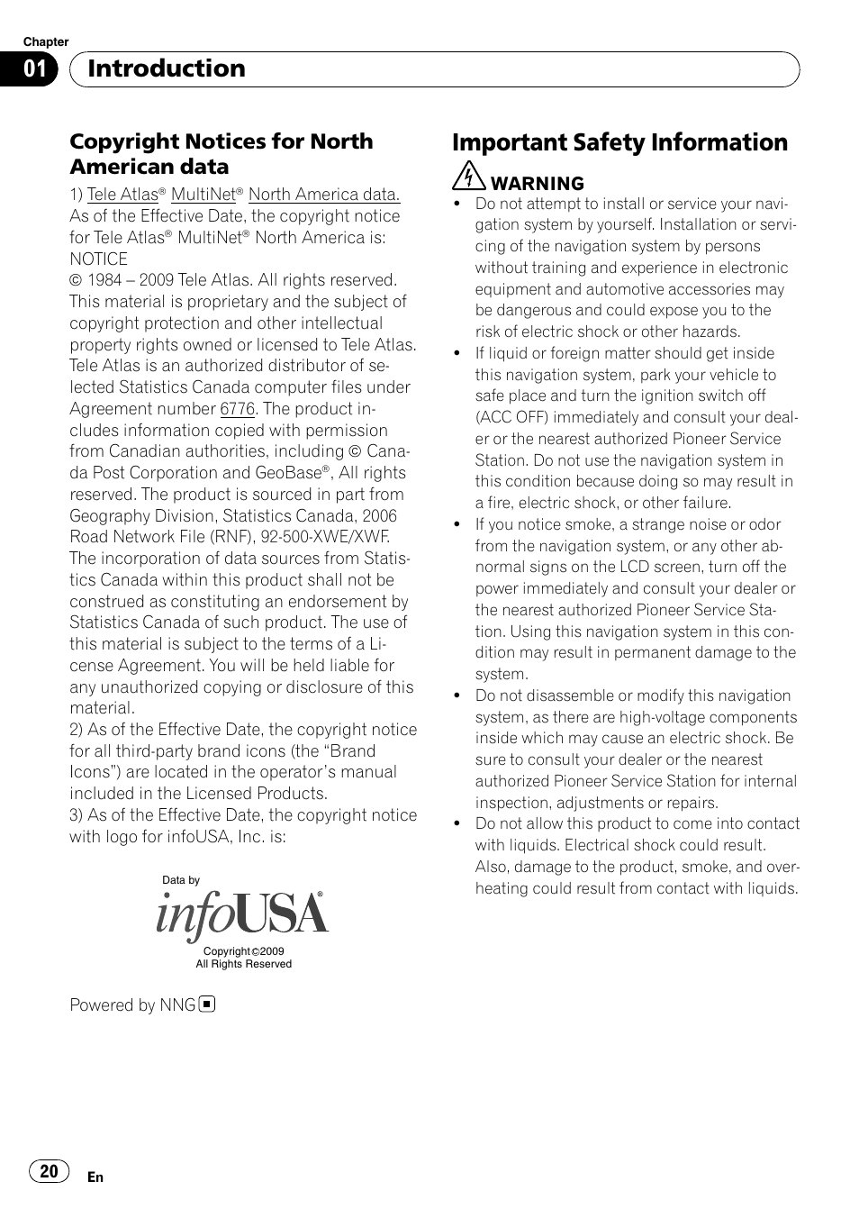 Copyright notices for north american, Data, Important safety information | Introduction, Copyright notices for north american data | Pioneer AVIC-X9115BT User Manual | Page 20 / 215