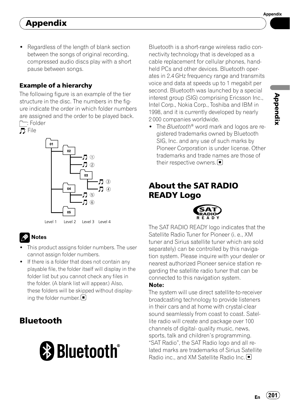Bluetooth, About the sat radio ready logo, Appendix | Pioneer AVIC-X9115BT User Manual | Page 201 / 215