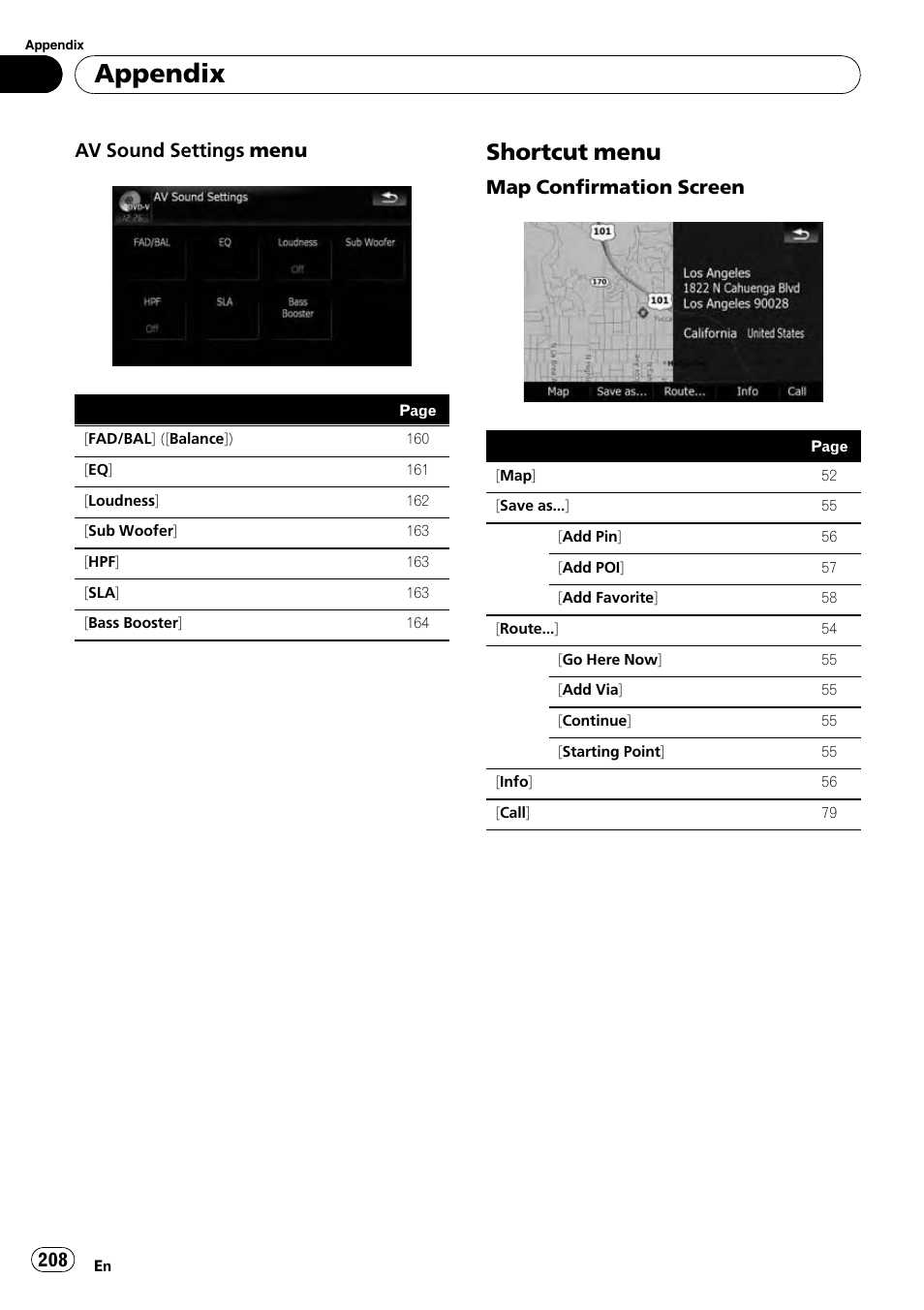 Shortcut menu 208, Appendix, Shortcut menu | Av sound settings menu, Map confirmation screen | Pioneer AVIC-X9115BT User Manual | Page 208 / 215