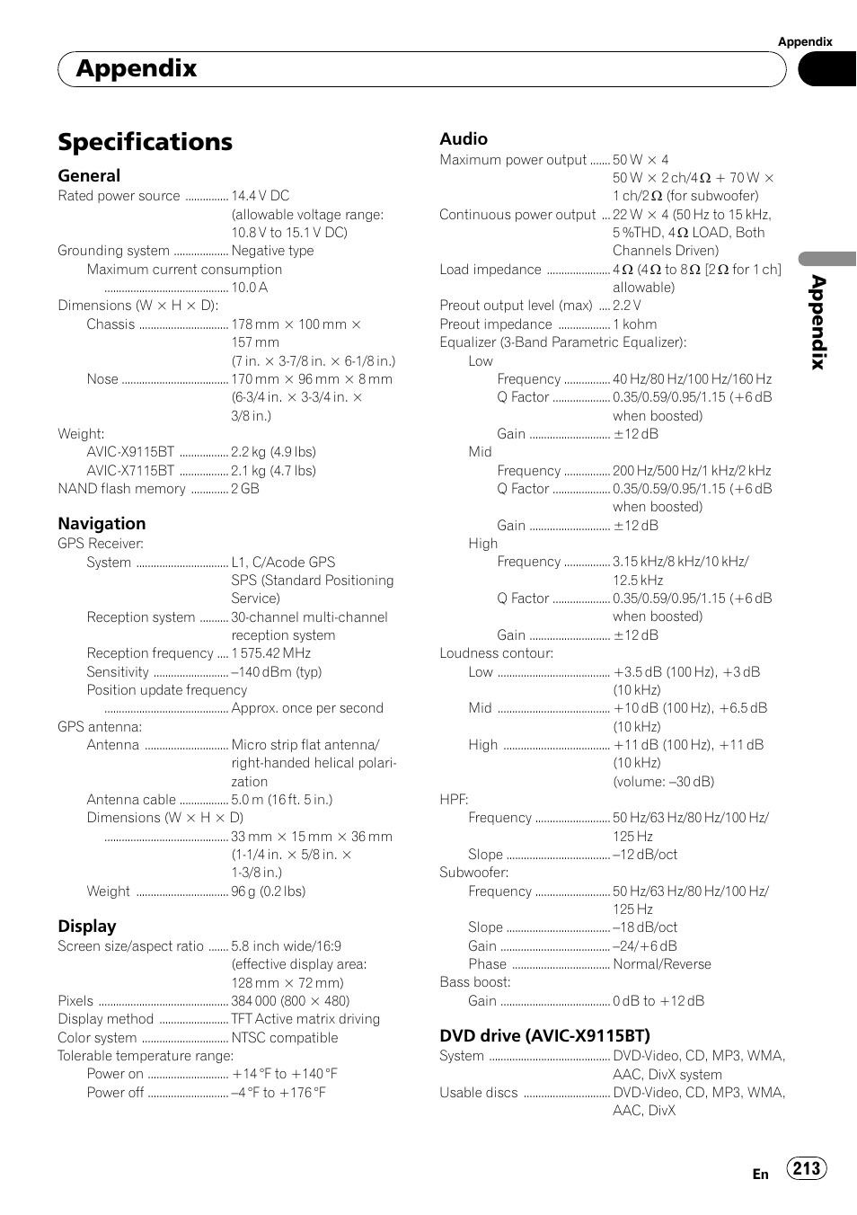 Specifications, Appendix, General | Navigation, Display, Audio, Dvd drive (avic-x9115bt) | Pioneer AVIC-X9115BT User Manual | Page 213 / 215