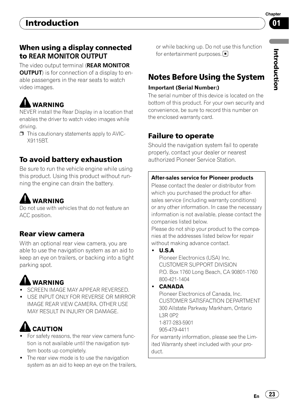 When using a display connected to, Rear monitor output, To avoid battery exhaustion 23 | Rear view camera 23, Notes before using the system, Failure to operate 23, Introduction, Rear view camera, Failure to operate | Pioneer AVIC-X9115BT User Manual | Page 23 / 215