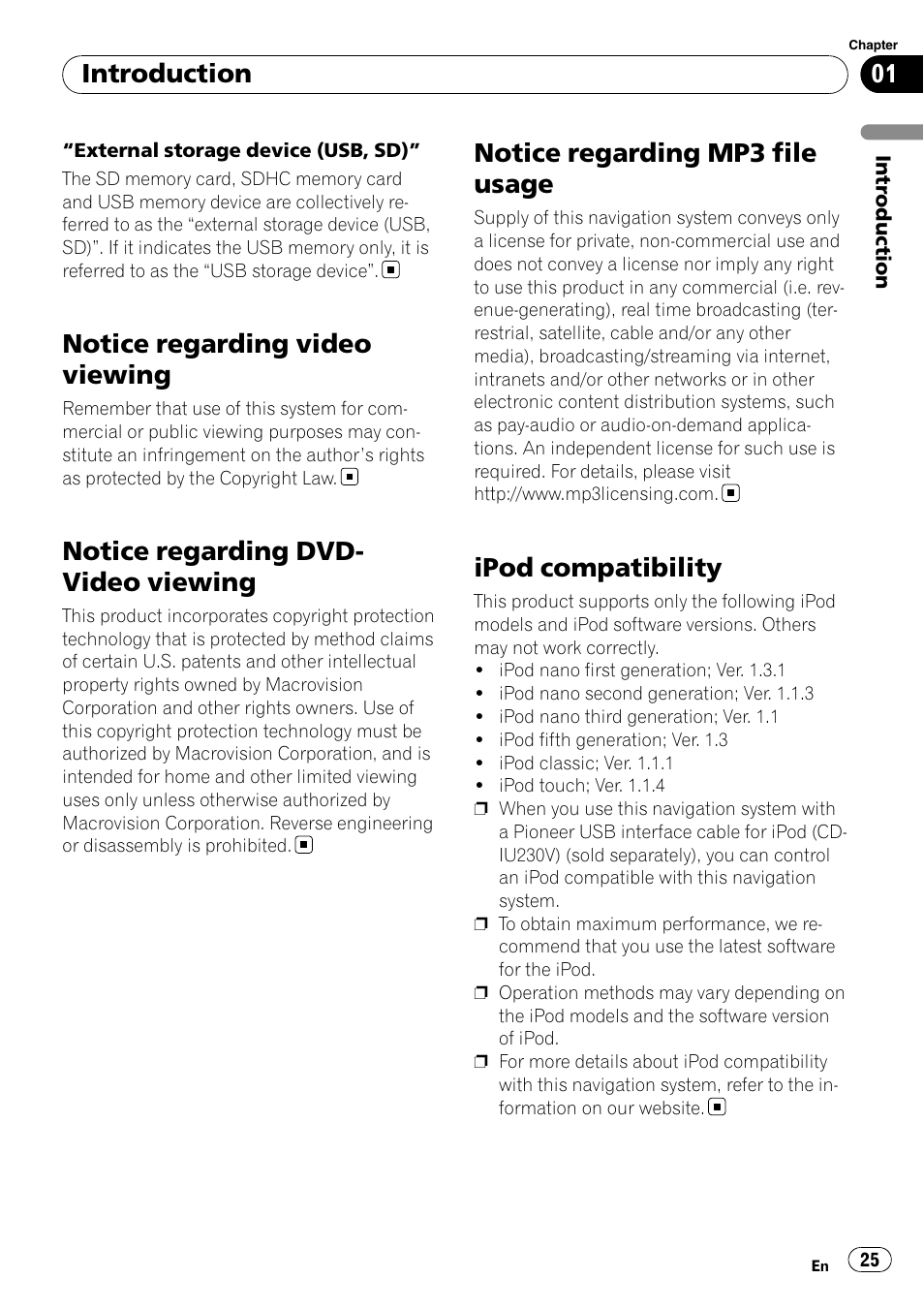Notice regarding video viewing, Notice regarding dvd-video viewing, Notice regarding mp3 file usage | Ipod compatibility, Notice regarding dvd- video viewing, Introduction | Pioneer AVIC-X9115BT User Manual | Page 25 / 215