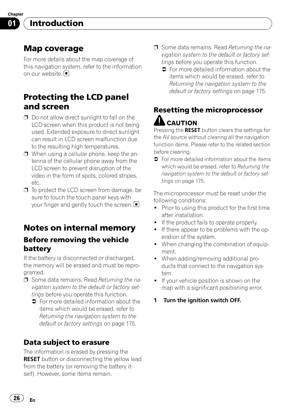 Map coverage, Protecting the lcd panel and screen, Notes on internal memory | Before removing the vehicle, Battery, Data subject to erasure 26, Resetting the microprocessor 26, Introduction | Pioneer AVIC-X9115BT User Manual | Page 26 / 215