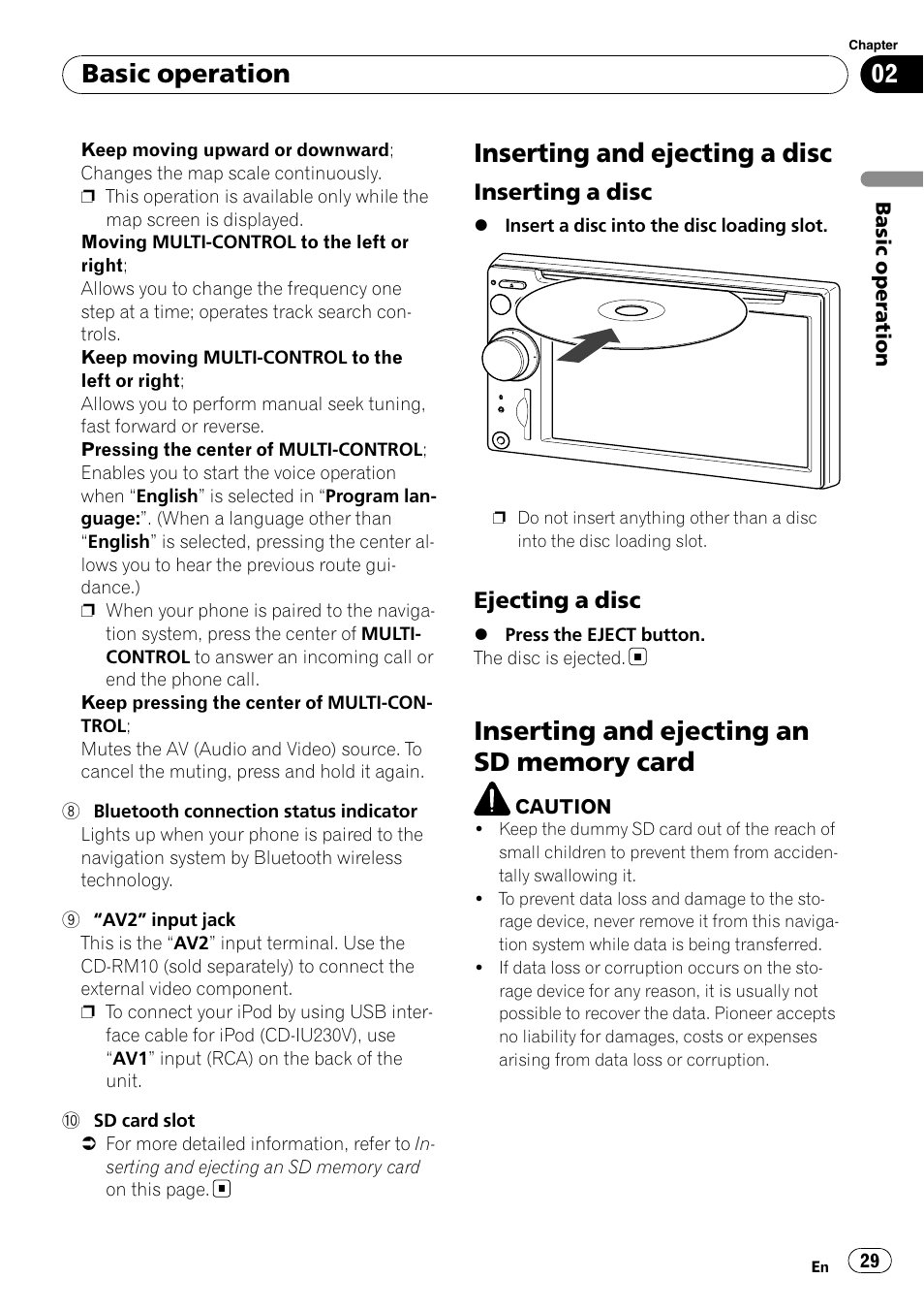 Inserting and ejecting a disc, Inserting a disc 29, Ejecting a disc 29 | Inserting and ejecting an sd memory, Card, Basic operation, Inserting a disc, Ejecting a disc | Pioneer AVIC-X9115BT User Manual | Page 29 / 215