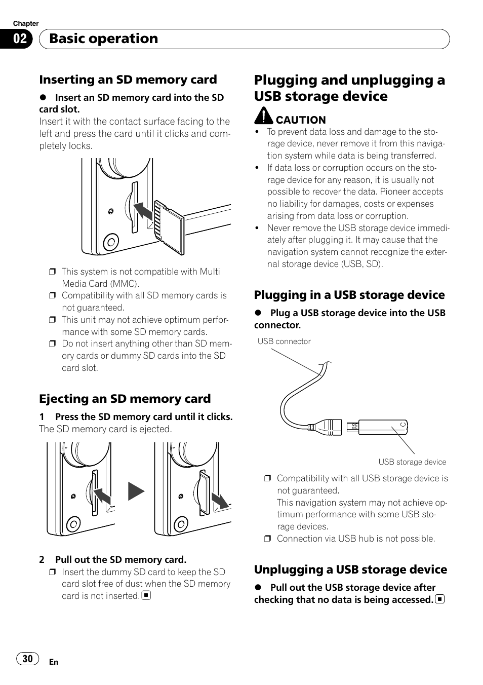 Inserting an sd memory card 30, Ejecting an sd memory card 30, Plugging and unplugging a usb storage | Device, Plugging in a usb storage device 30, Unplugging a usb storage device 30, Plugging and unplugging a usb storage device, Basic operation, Plugging in a usb storage device, Unplugging a usb storage device | Pioneer AVIC-X9115BT User Manual | Page 30 / 215