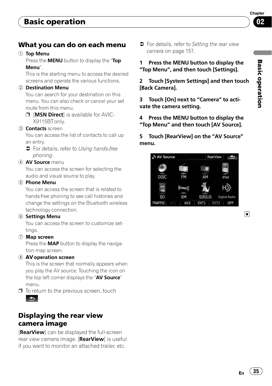 What you can do on each menu 35, Displaying the rear view camera, Image | Basic operation, What you can do on each menu, Displaying the rear view camera image | Pioneer AVIC-X9115BT User Manual | Page 35 / 215