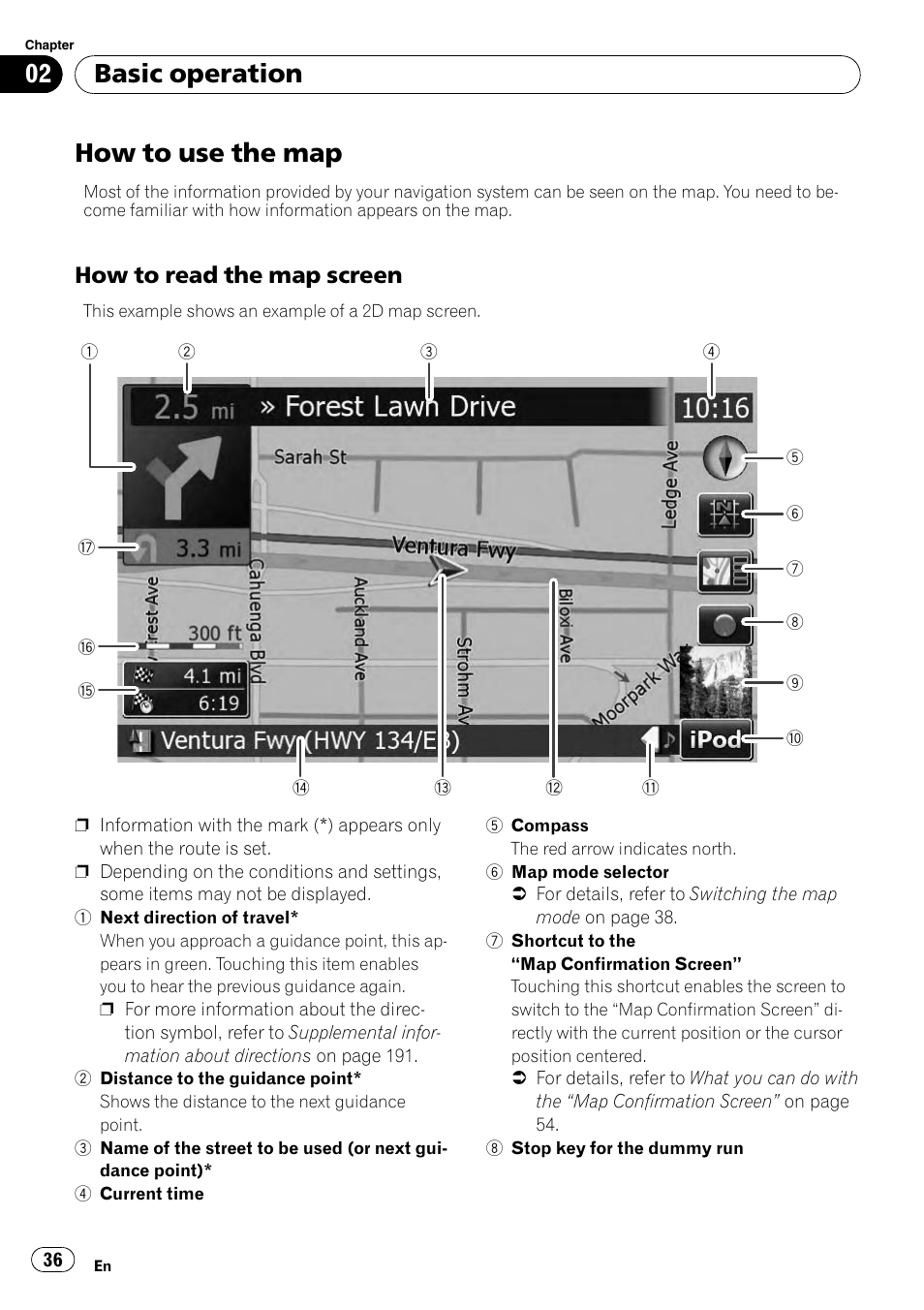 How to use the map, How to read the map screen 36, Basic operation | How to read the map screen | Pioneer AVIC-X9115BT User Manual | Page 36 / 215