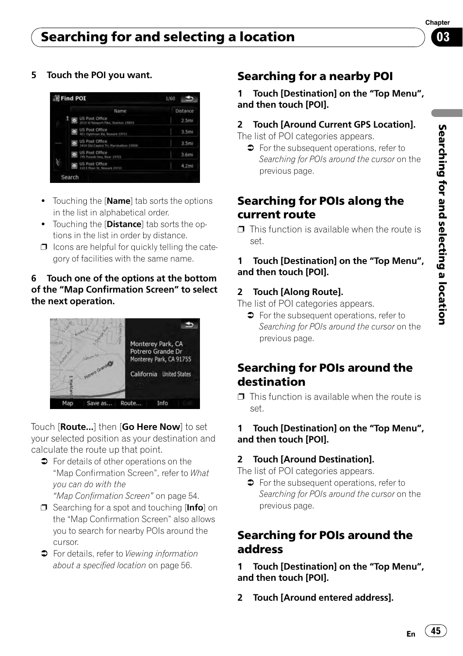 Searching for a nearby poi 45, Searching for pois along the current, Route | Searching for pois around the, Destination, Address, Searching for and selecting a location, Searching for a nearby poi, Searching for pois along the current route, Searching for pois around the destination | Pioneer AVIC-X9115BT User Manual | Page 45 / 215