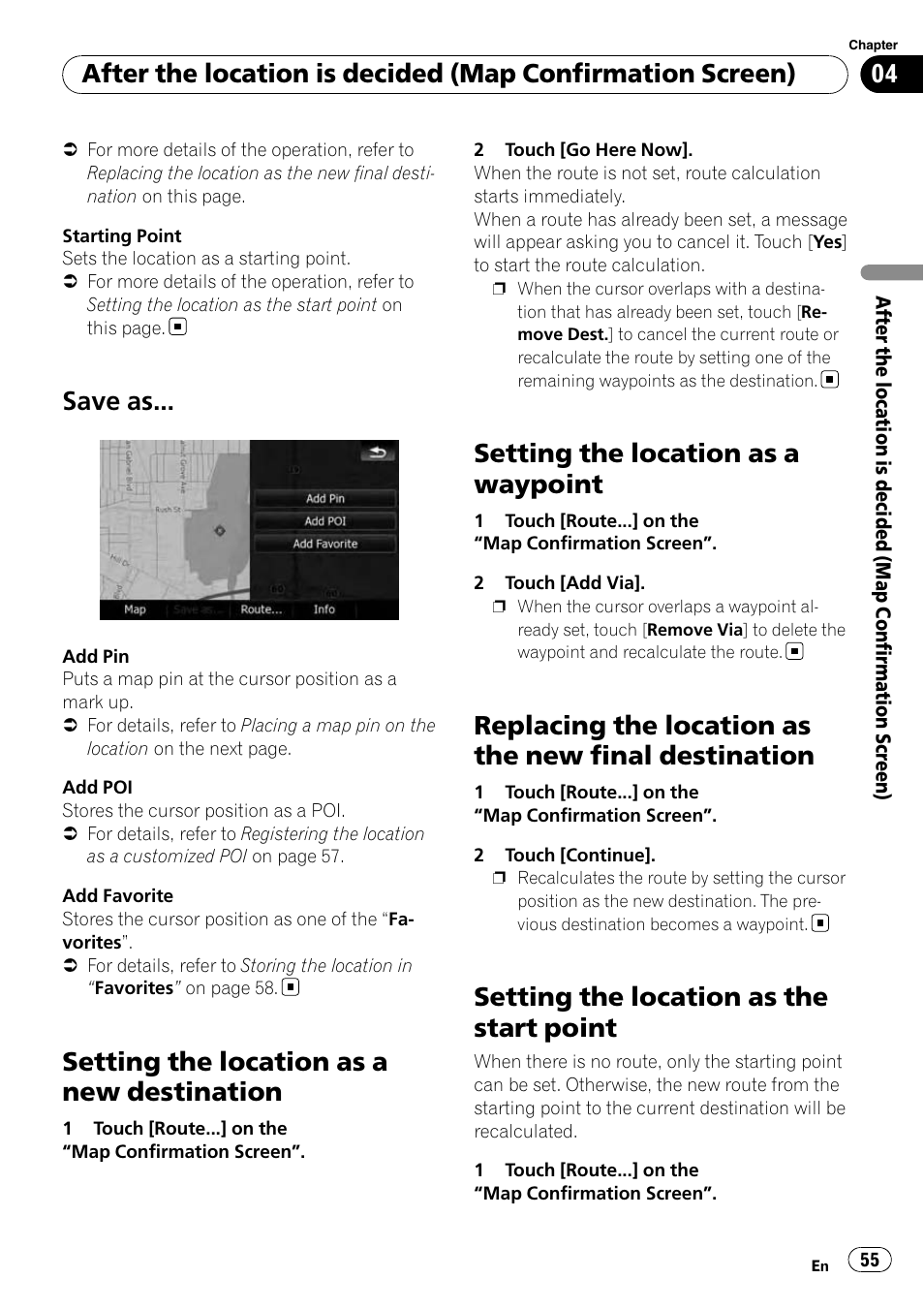Save as, Setting the location as a new destination, Setting the location as a waypoint | Replacing the location as the new final, Destination, Setting the location as the start point | Pioneer AVIC-X9115BT User Manual | Page 55 / 215