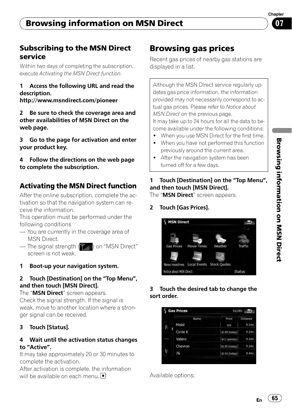 Subscribing to the msn direct, Service, Activating the msn direct | Function, Browsing gas prices, Browsing information on msn direct, Subscribing to the msn direct service, Activating the msn direct function | Pioneer AVIC-X9115BT User Manual | Page 65 / 215