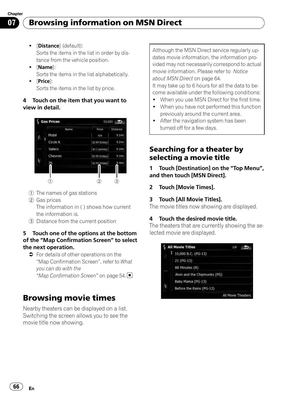 Browsing movie times, Searching for a theater by selecting a, Movie title | Browsing information on msn direct, Searching for a theater by selecting a movie title | Pioneer AVIC-X9115BT User Manual | Page 66 / 215