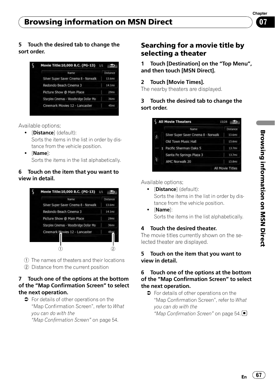 Searching for a movie title by selecting, A theater, Browsing information on msn direct | Searching for a movie title by selecting a theater | Pioneer AVIC-X9115BT User Manual | Page 67 / 215