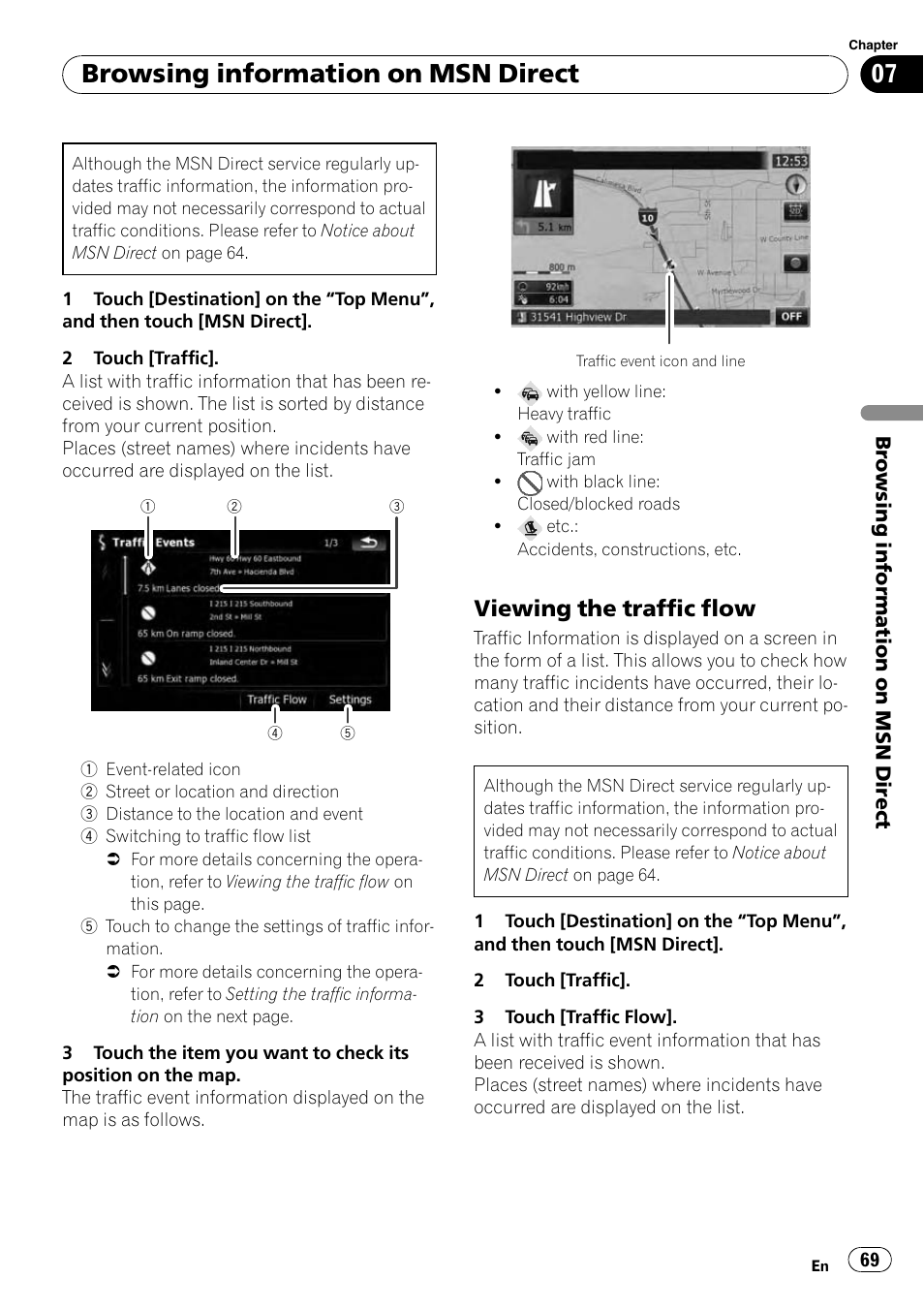 Viewing the traffic flow 69, Browsing information on msn direct, Viewing the traffic flow | Pioneer AVIC-X9115BT User Manual | Page 69 / 215