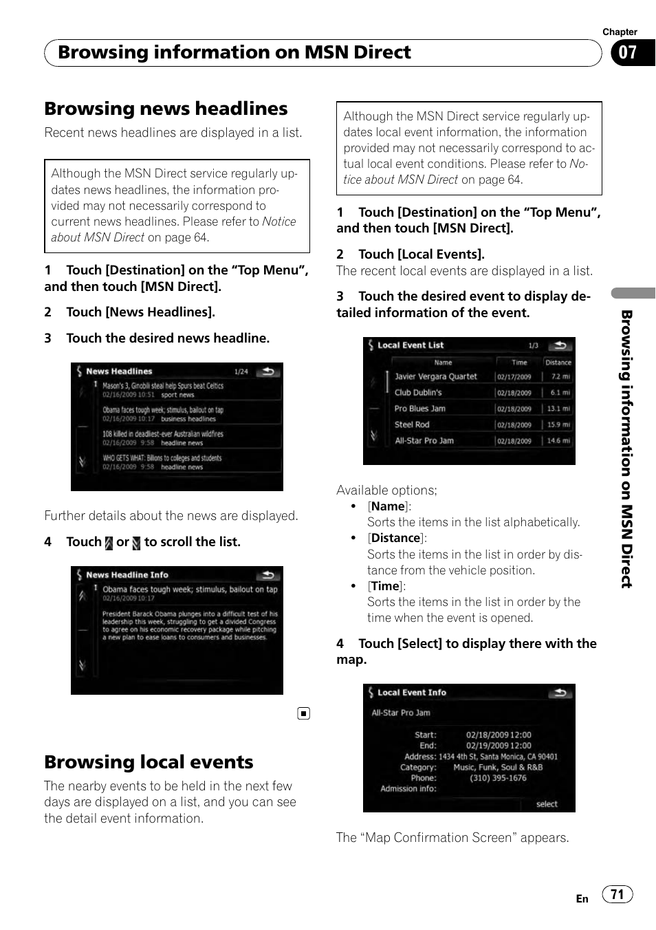 Browsing news headlines, Browsing local events, Browsing information on msn direct | Pioneer AVIC-X9115BT User Manual | Page 71 / 215