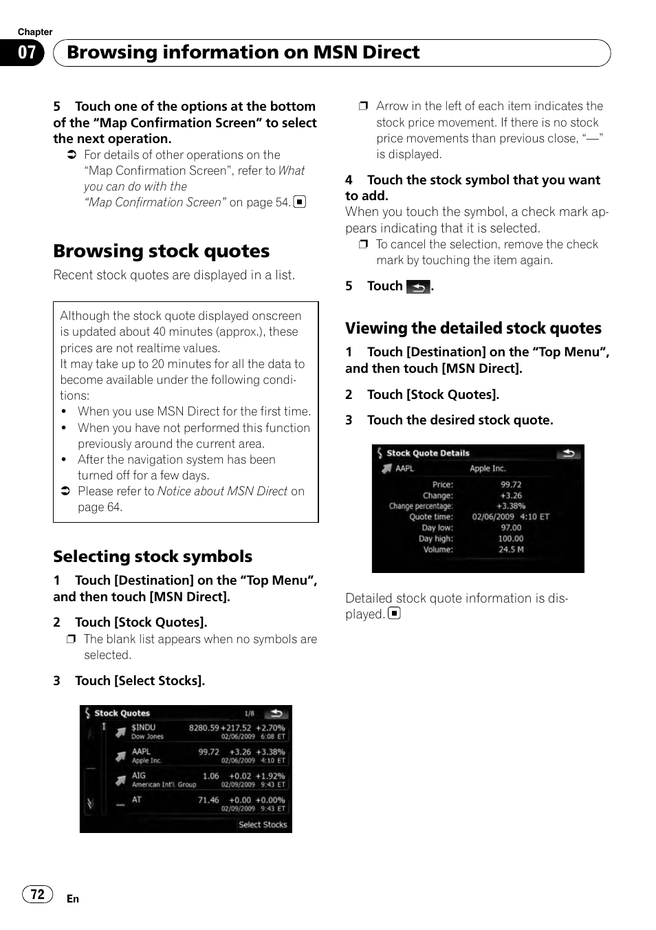 Browsing stock quotes, Selecting stock symbols 72, Viewing the detailed stock quotes 72 | Browsing information on msn direct, Selecting stock symbols, Viewing the detailed stock quotes | Pioneer AVIC-X9115BT User Manual | Page 72 / 215