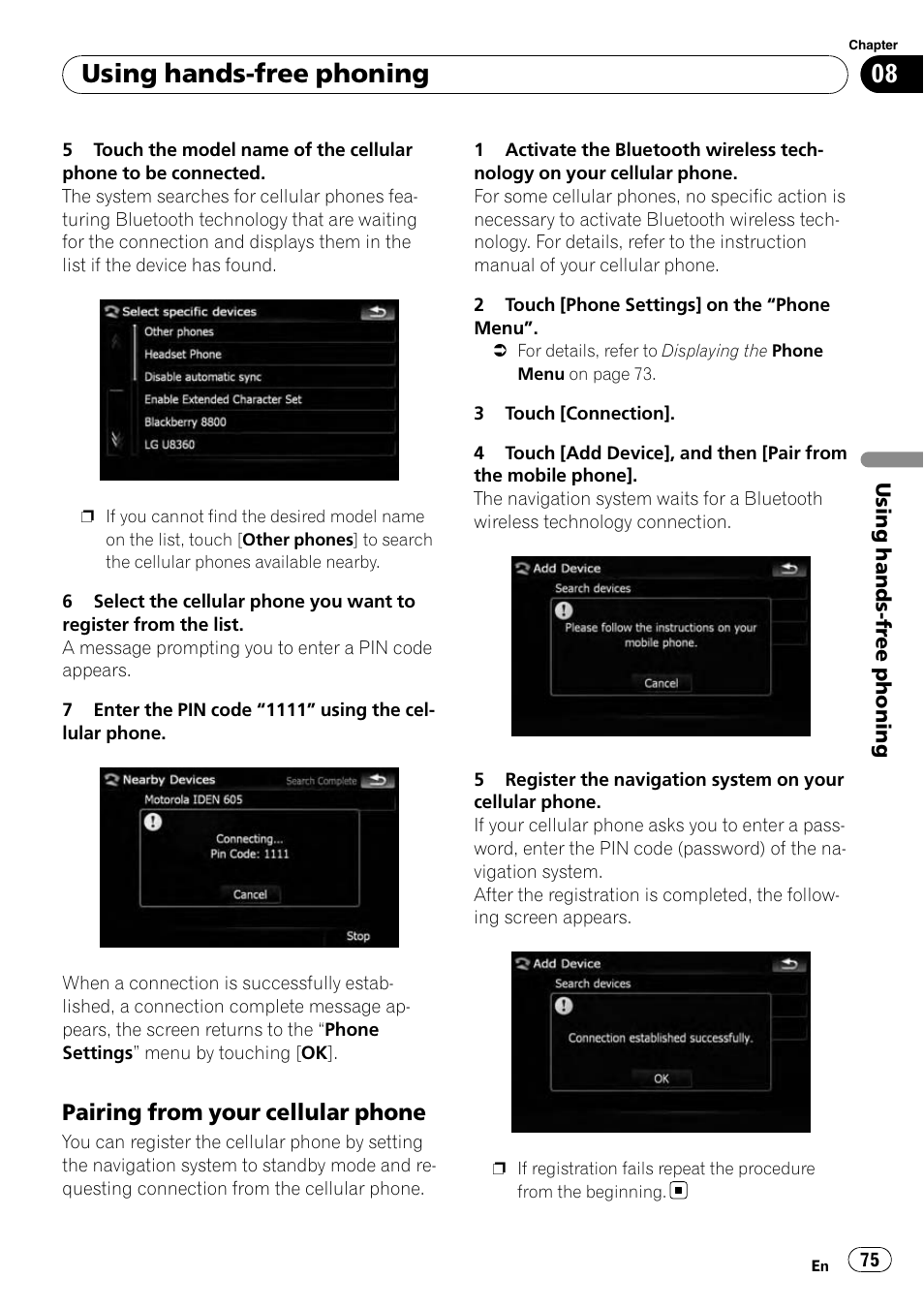 Pairing from your cellular phone 75, Using hands-free phoning, Pairing from your cellular phone | Pioneer AVIC-X9115BT User Manual | Page 75 / 215