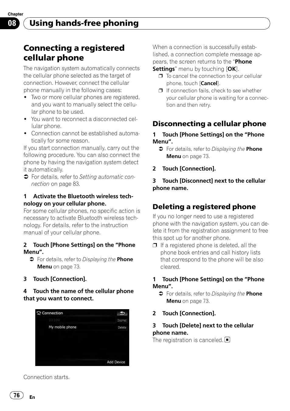 Connecting a registered cellular phone, Disconnecting a cellular phone 76, Deleting a registered phone 76 | Using hands-free phoning, Disconnecting a cellular phone, Deleting a registered phone | Pioneer AVIC-X9115BT User Manual | Page 76 / 215