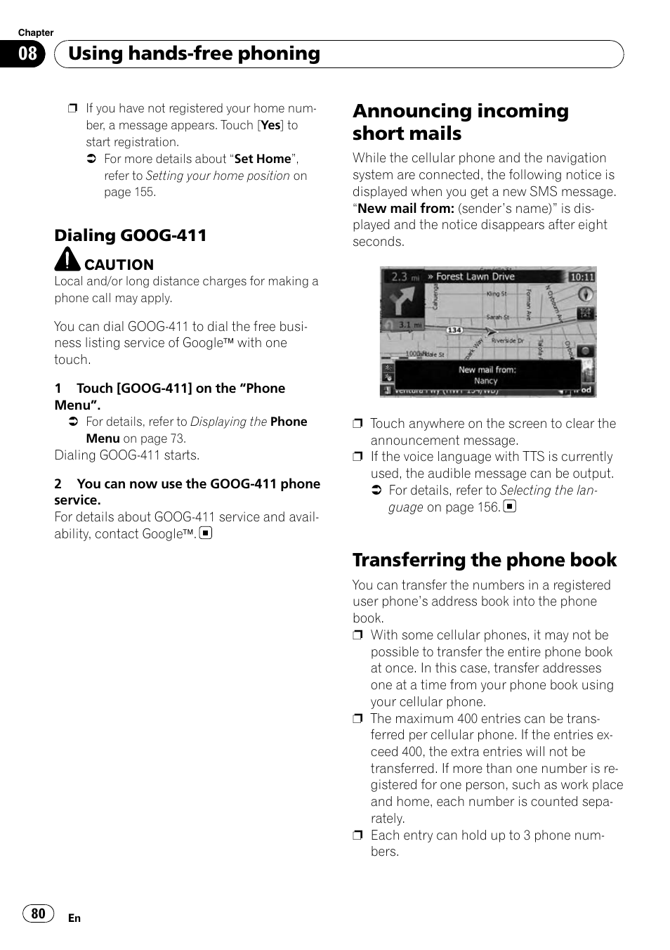 Dialing goog-411 80, Announcing incoming short mails, Transferring the phone book | Using hands-free phoning, Dialing goog-411 | Pioneer AVIC-X9115BT User Manual | Page 80 / 215