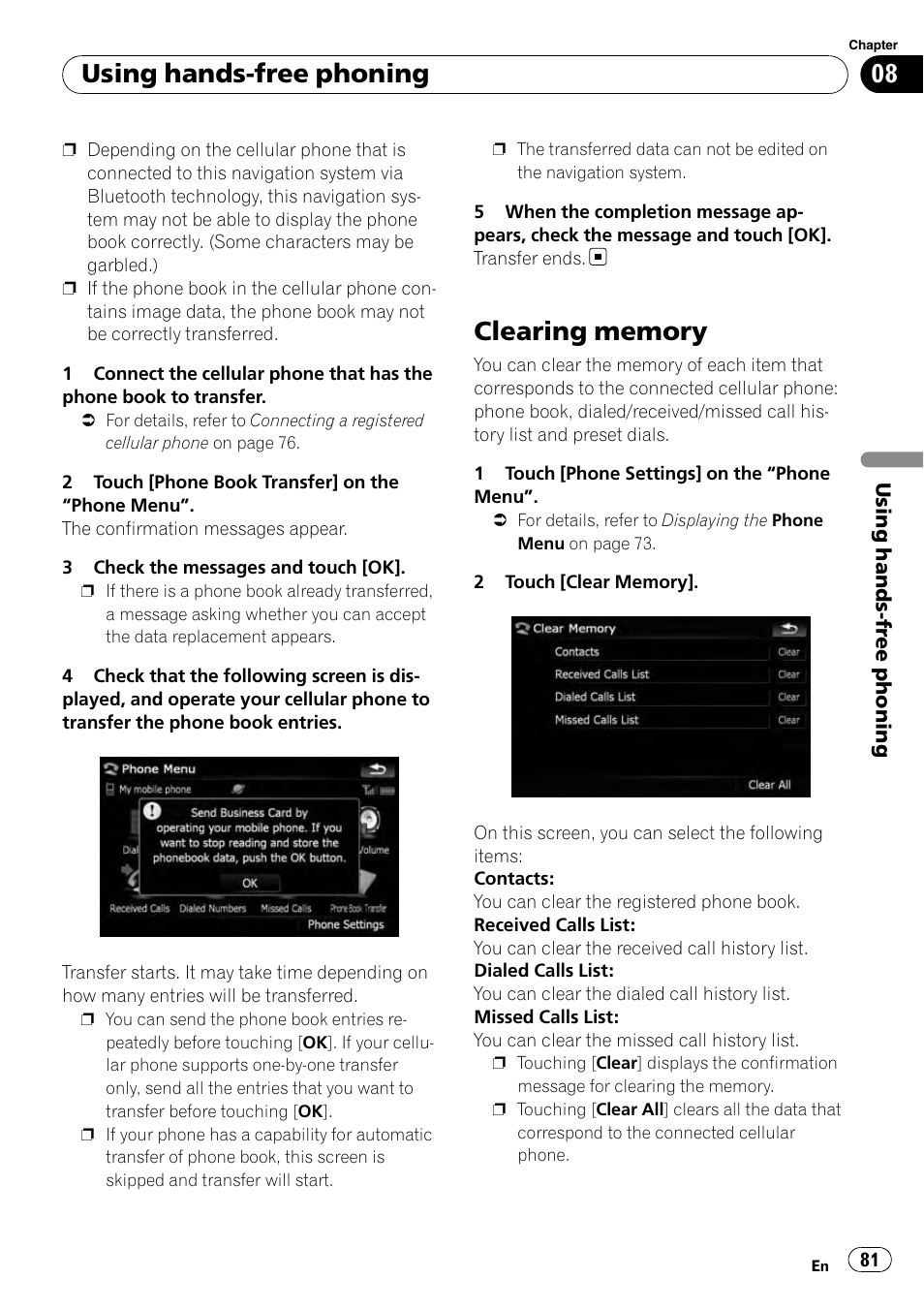 Clearing memory, Using hands-free phoning | Pioneer AVIC-X9115BT User Manual | Page 81 / 215