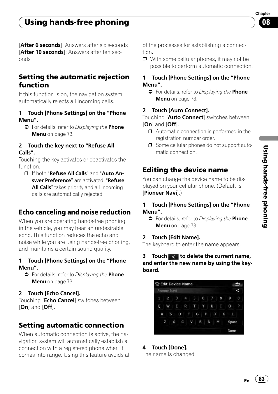 Setting the automatic rejection, Function, Echo canceling and noise | Reduction, Setting automatic connection 83, Editing the device name 83, Setting automatic con, Setting the automatic re, Using hands-free phoning, Setting the automatic rejection function | Pioneer AVIC-X9115BT User Manual | Page 83 / 215