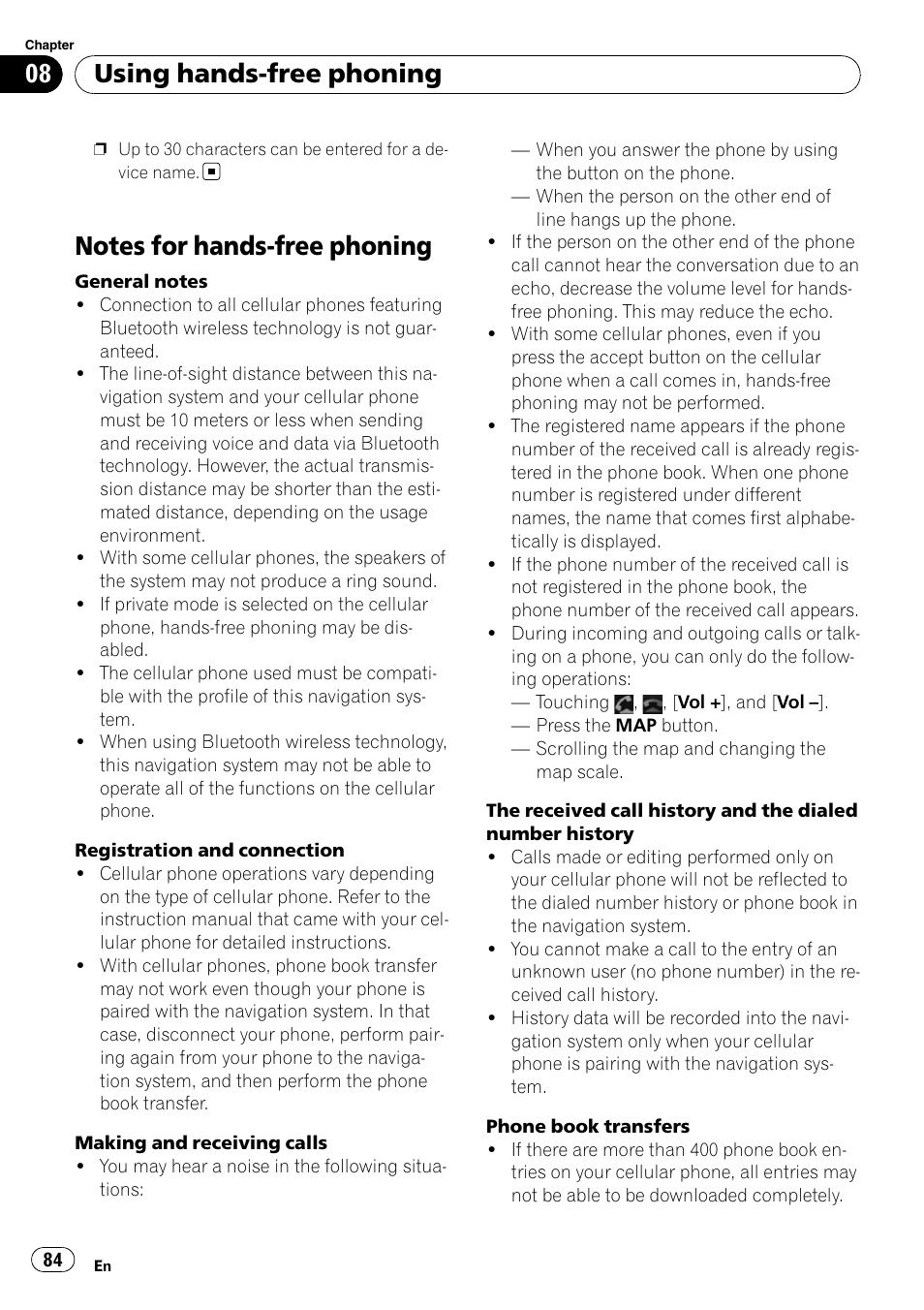 Notes for hands-free phoning, Using hands-free phoning | Pioneer AVIC-X9115BT User Manual | Page 84 / 215