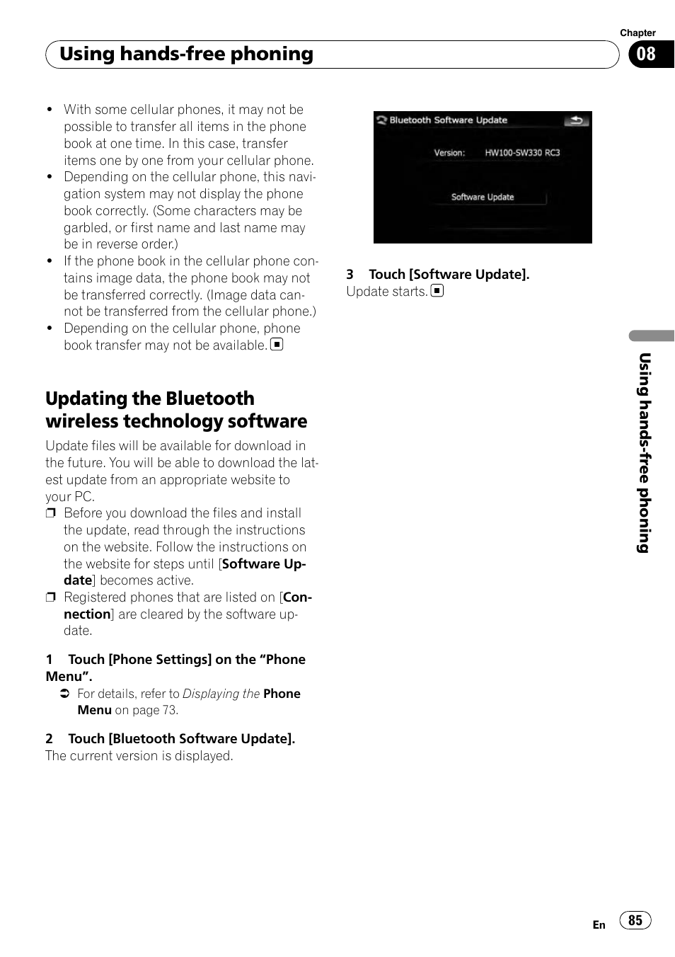 Updating the bluetooth wireless technology, Software, Using hands-free phoning | Pioneer AVIC-X9115BT User Manual | Page 85 / 215