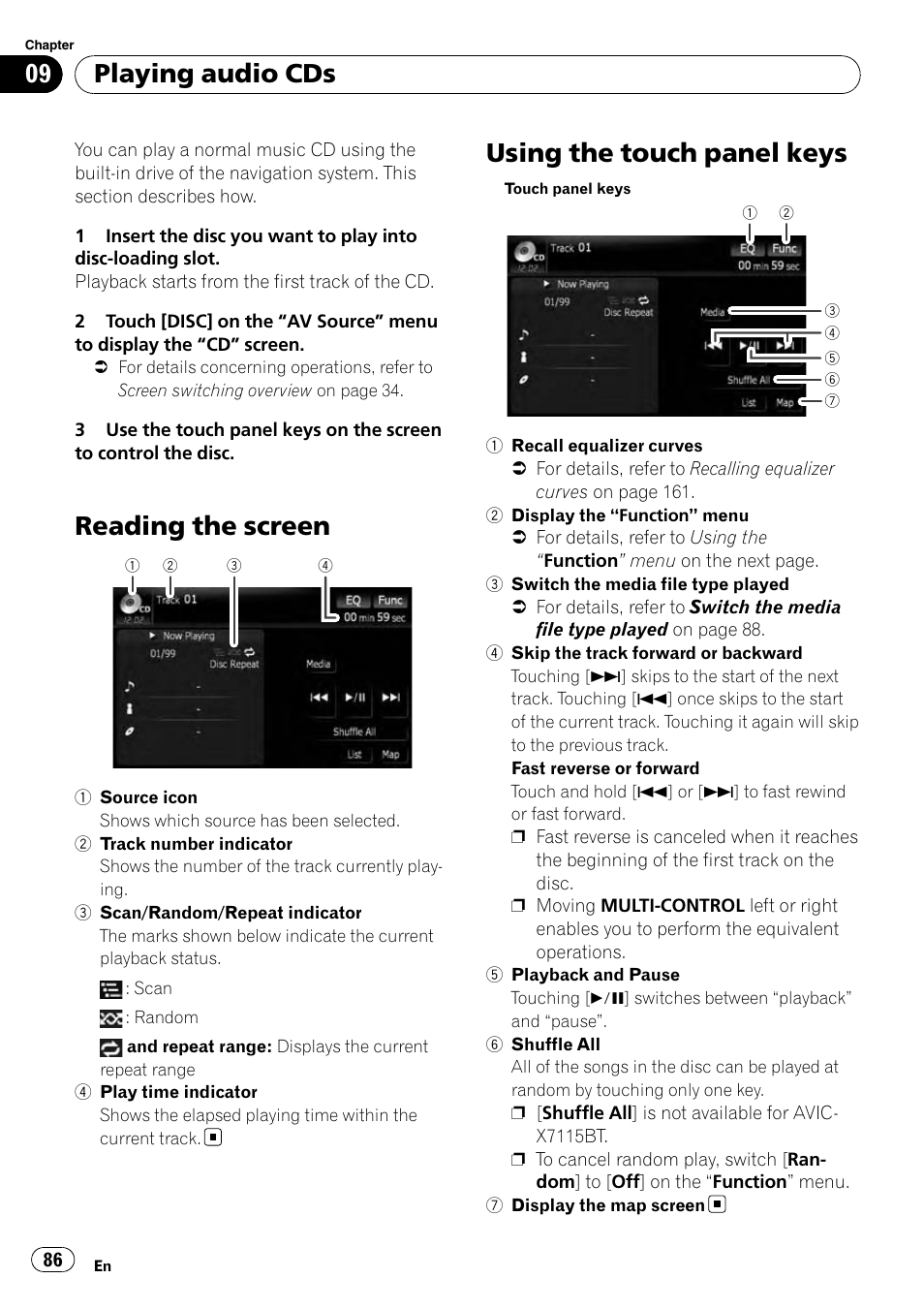 Playing audio cds reading the screen, Using the touch panel keys, Reading the screen | Playing audio cds | Pioneer AVIC-X9115BT User Manual | Page 86 / 215