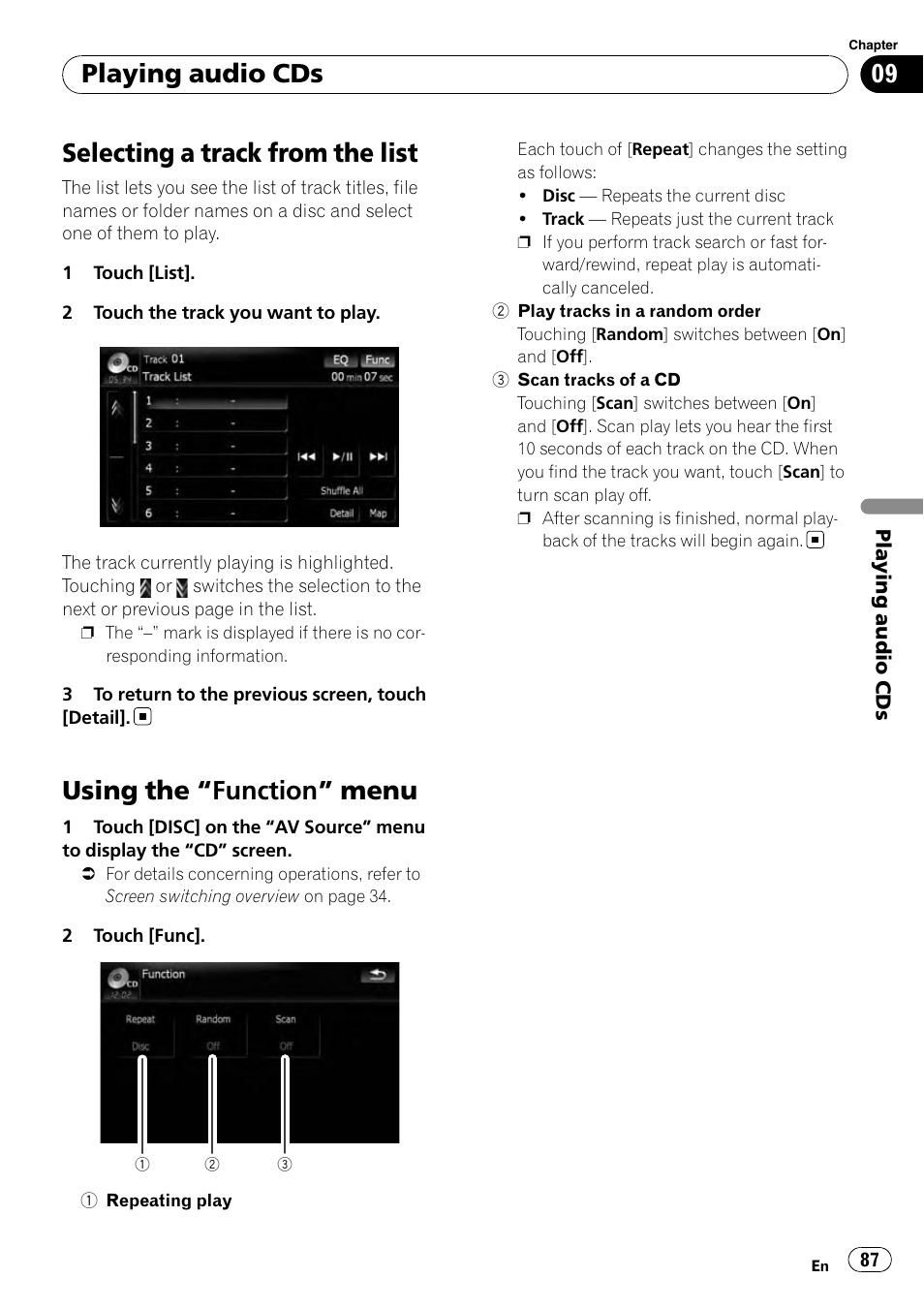 Selecting a track from the list, Using the, Function” menu 87 | Using the “function” menu, Playing audio cds | Pioneer AVIC-X9115BT User Manual | Page 87 / 215