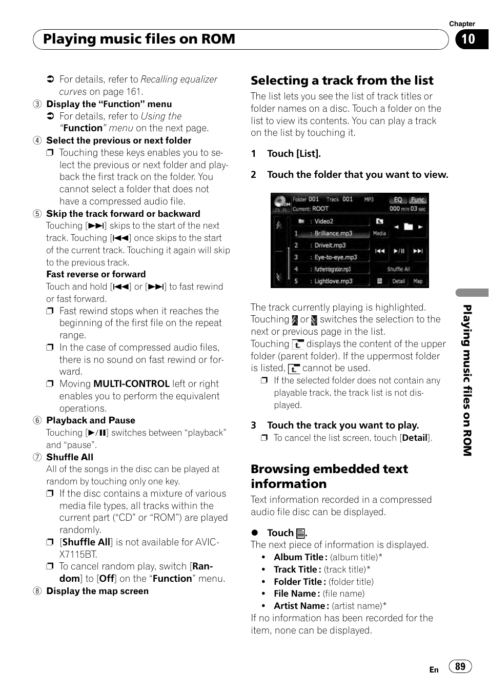 Selecting a track from the list 89, Browsing embedded text, Information | Playing music files on rom, Selecting a track from the list, Browsing embedded text information | Pioneer AVIC-X9115BT User Manual | Page 89 / 215