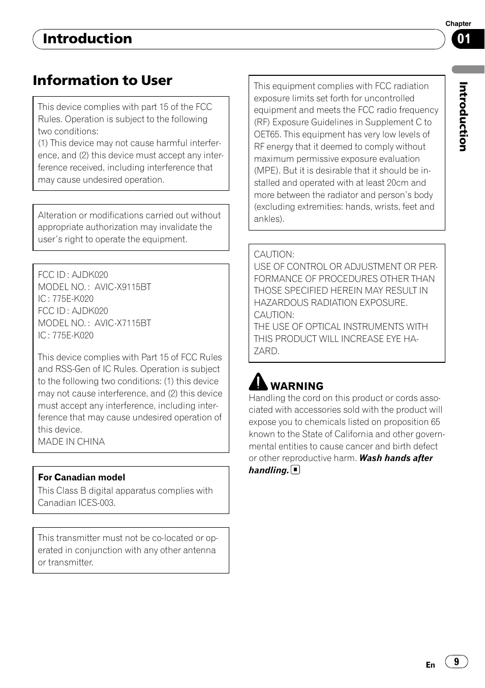 Introduction information to user, Information to user, Introduction | Pioneer AVIC-X9115BT User Manual | Page 9 / 215