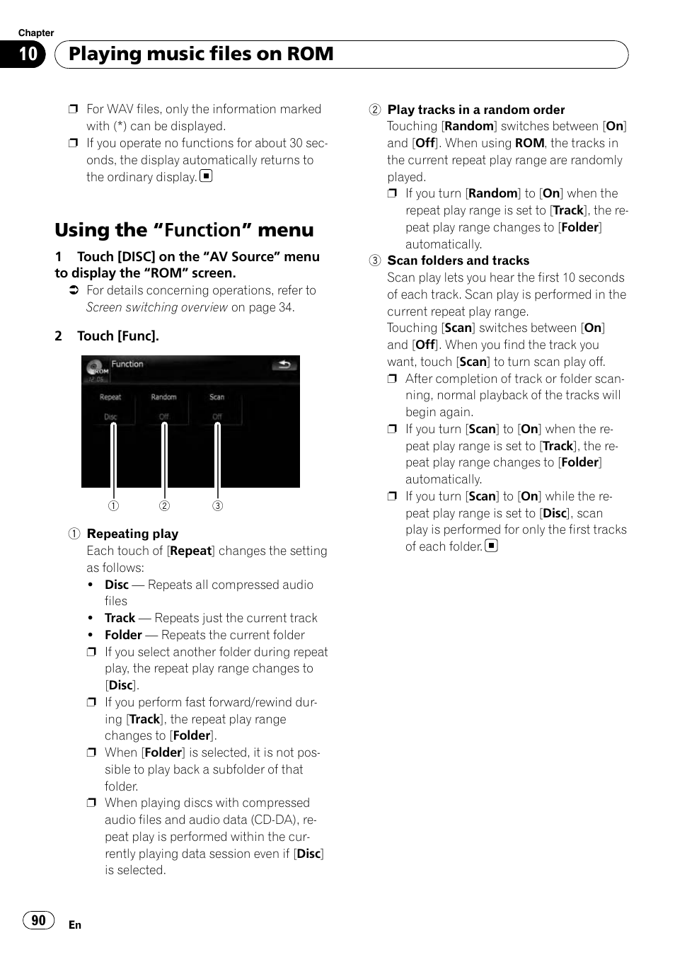 Using the, Function” menu 90, Using the “function” menu | Playing music files on rom | Pioneer AVIC-X9115BT User Manual | Page 90 / 215