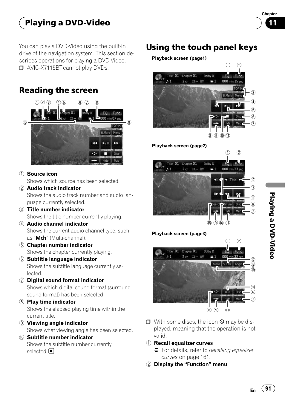 Playing a dvd-video reading the screen, Using the touch panel keys, Reading the screen | Playing a dvd-video, Playing a dvd-vid eo | Pioneer AVIC-X9115BT User Manual | Page 91 / 215