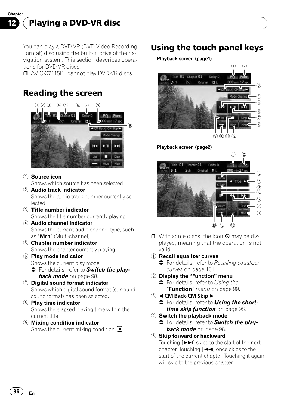 Playing a dvd-vr disc reading the screen, Using the touch panel keys, Reading the screen | Playing a dvd-vr disc | Pioneer AVIC-X9115BT User Manual | Page 96 / 215