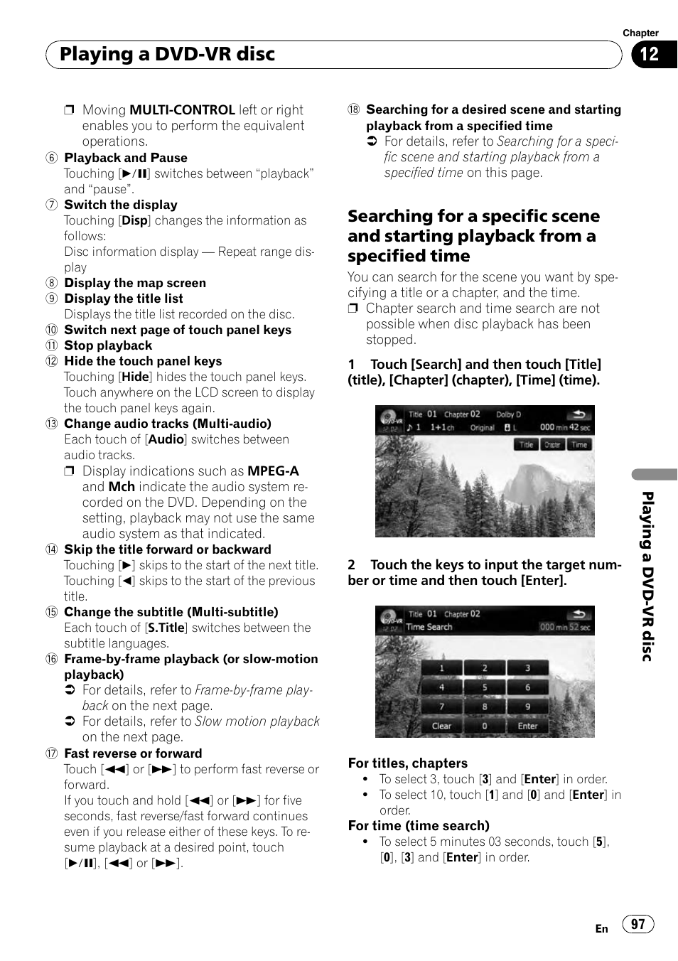 Searching for a specific scene and, Starting playback from a specified time, Playing a dvd-vr disc | Pioneer AVIC-X9115BT User Manual | Page 97 / 215