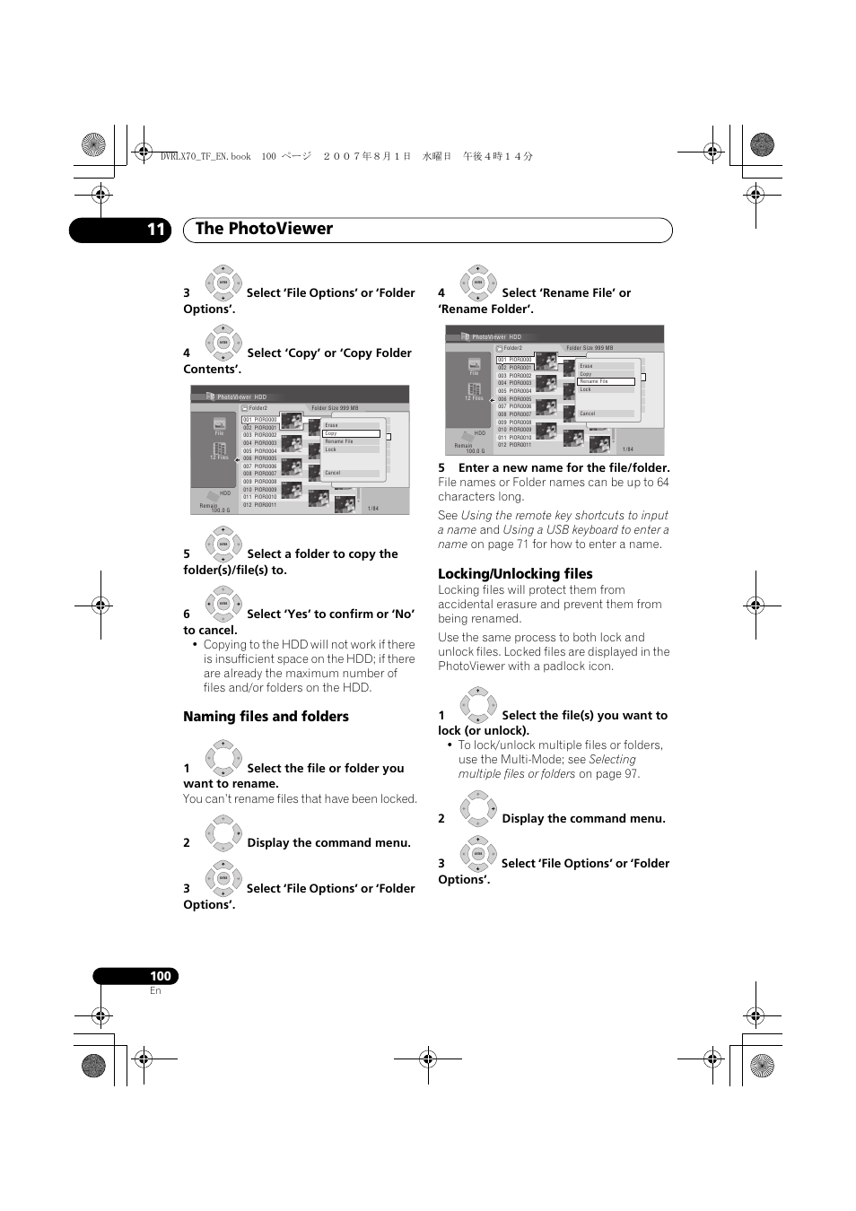 The photoviewer 11, Naming files and folders, Locking/unlocking files | Pioneer DVR-LX70 User Manual | Page 100 / 139
