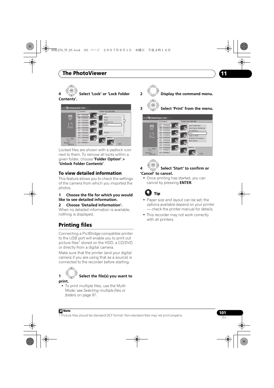 Printing files, The photoviewer | Pioneer DVR-LX70 User Manual | Page 101 / 139