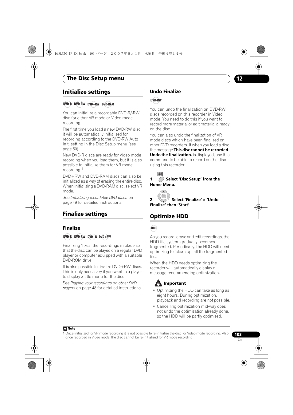 Initialize settings, Finalize settings, Optimize hdd | The disc setup menu, 12 initialize settings | Pioneer DVR-LX70 User Manual | Page 103 / 139