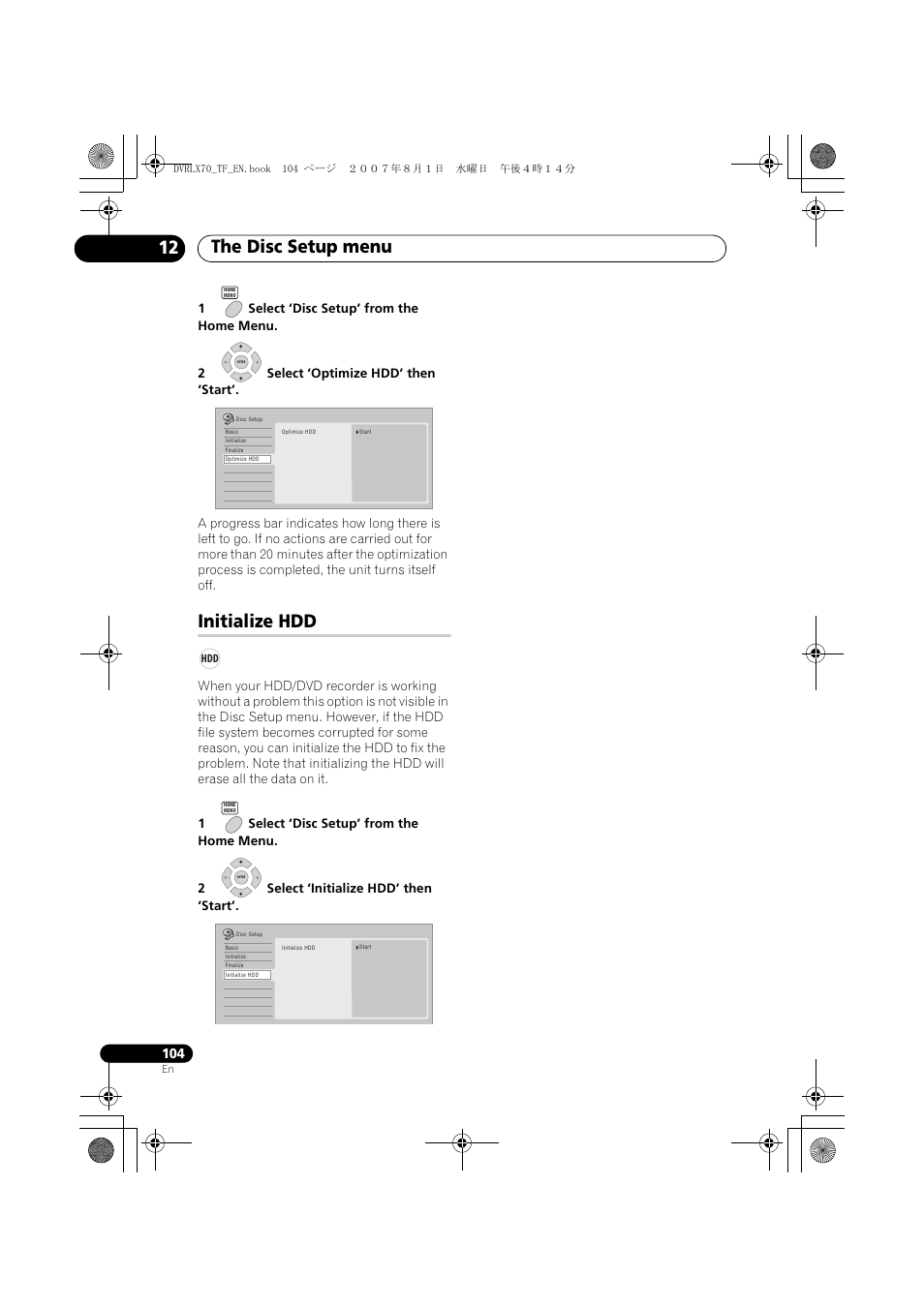 Initialize hdd, The disc setup menu 12 | Pioneer DVR-LX70 User Manual | Page 104 / 139