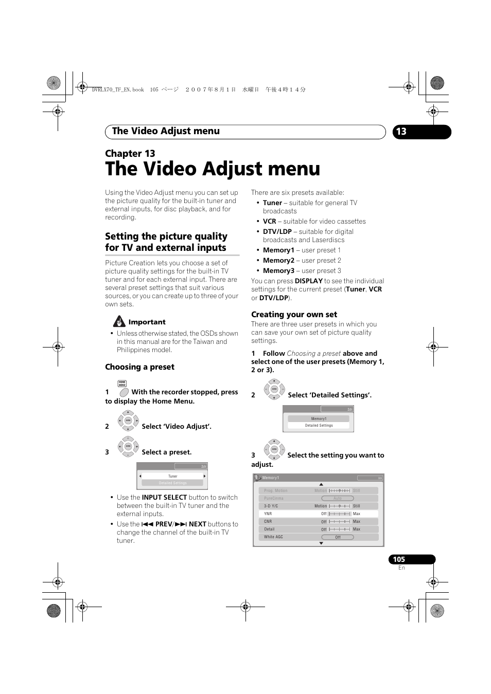 13 the video adjust menu, The video adjust menu, 13 chapter 13 | Choosing a preset, Creating your own set | Pioneer DVR-LX70 User Manual | Page 105 / 139