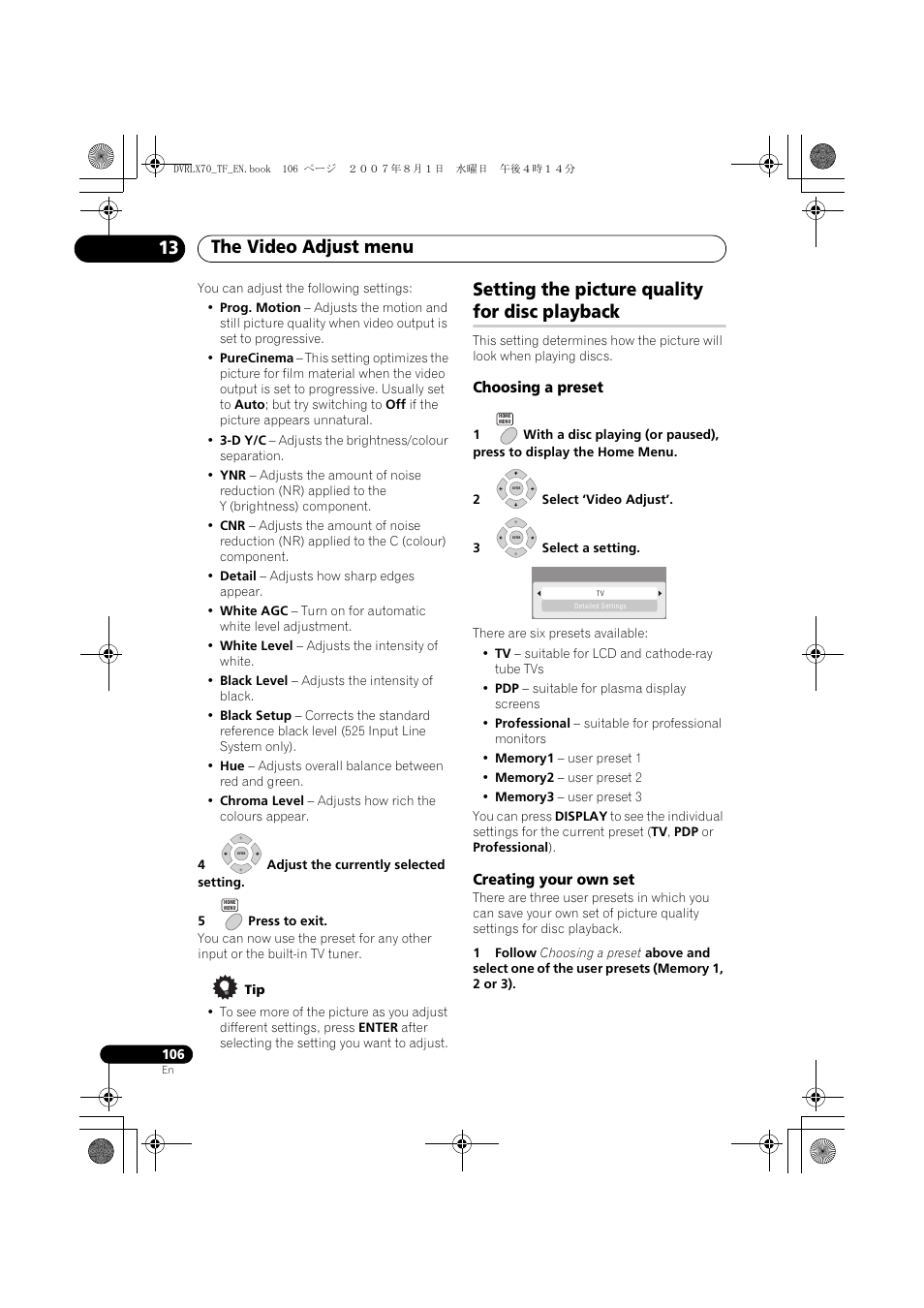 Setting the picture quality for disc playback, The video adjust menu 13 | Pioneer DVR-LX70 User Manual | Page 106 / 139