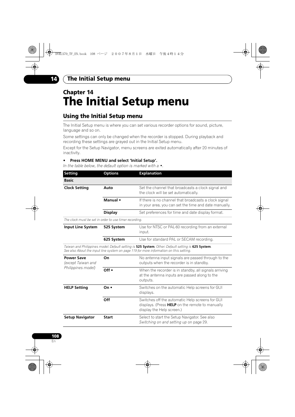 14 the initial setup menu, Using the initial setup menu, The initial setup menu | The initial setup menu 14, Chapter 14 | Pioneer DVR-LX70 User Manual | Page 108 / 139