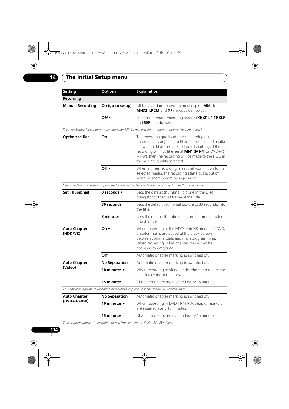 The initial setup menu 14 | Pioneer DVR-LX70 User Manual | Page 114 / 139