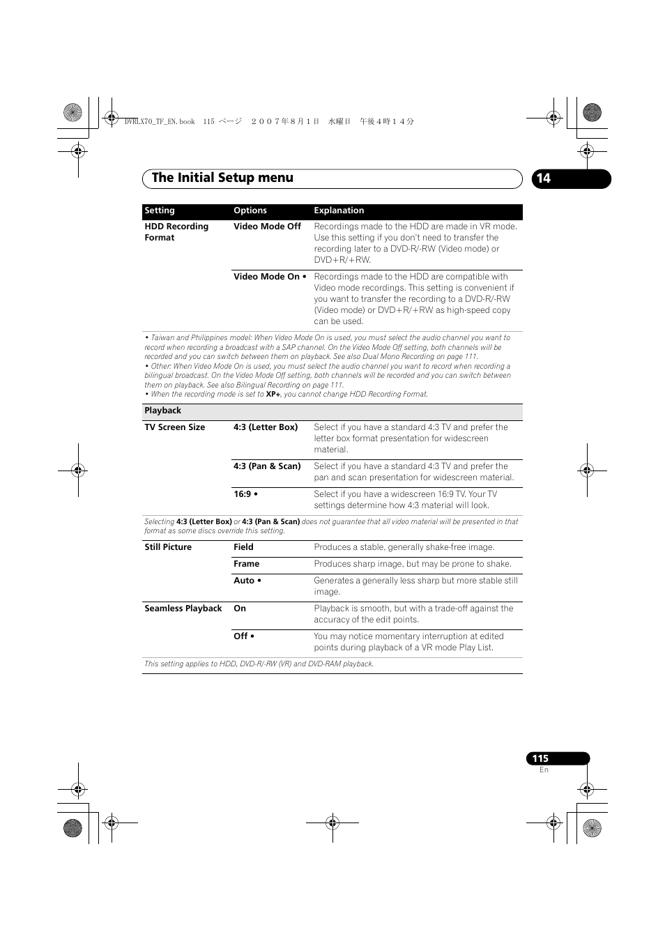 The initial setup menu | Pioneer DVR-LX70 User Manual | Page 115 / 139